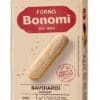 Forno Bonomi Savoiardi ladyfingers package, beige with red text and certification seal.