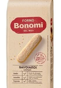 Forno Bonomi Savoiardi ladyfingers package, beige with red text and certification seal.