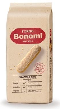 Forno Bonomi Savoiardi ladyfingers package, beige with red text and certification seal.