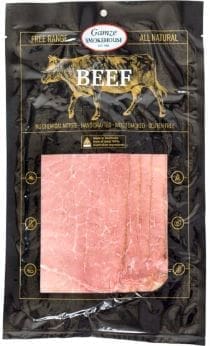 Package of sliced beef, labeled free-range and all-natural, with a cow illustration on black.
