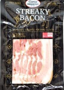 Package of Gamze Smokehouse streaky bacon, features free-range and nitrate-free labeling.