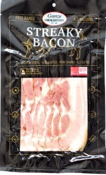 Package of Gamze Smokehouse streaky bacon, features free-range and nitrate-free labeling.