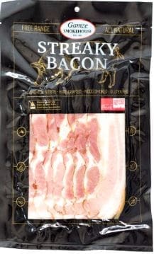 Package of Gamze Smokehouse streaky bacon, black packaging, free-range, all-natural, gluten-free.