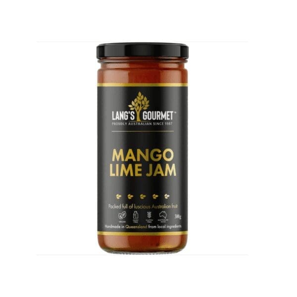 Lang's Gourmet Mango Lime Jam jar, 300g, vegan, gluten-free, made in Queensland, Australia.