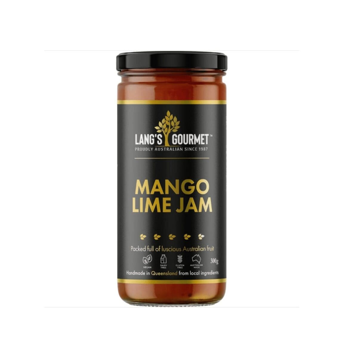 Lang's Gourmet Mango Lime Jam jar, 300g, vegan, gluten-free, made in Queensland, Australia.