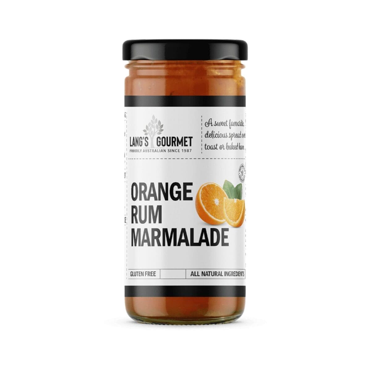 Jar of Lang's Gourmet Orange Rum Marmalade, gluten-free, all-natural, for toast or ham.