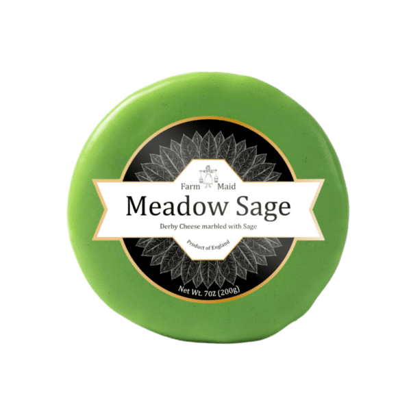 Green cheese round labeled "Meadow Sage," featuring sage-marble Derby, 7 oz, England.