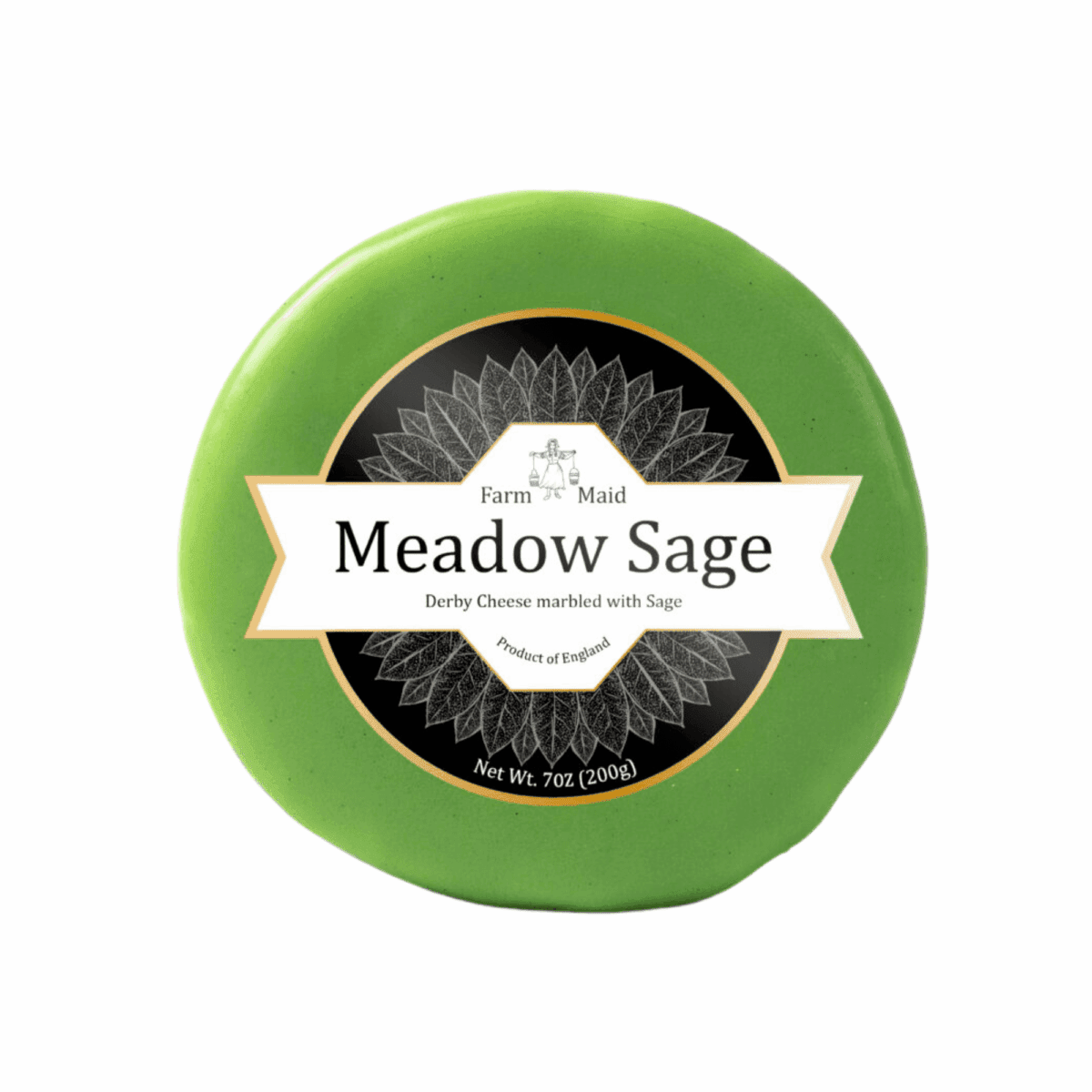 Green cheese round labeled "Meadow Sage," featuring sage-marble Derby, 7 oz, England.