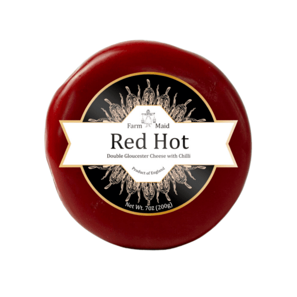 Round cheese with red wax, labeled "Red Hot," Double Gloucester with chili, England, 200g.