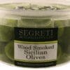 Clear plastic container of wood smoked Sicilian olives by Segreti Australia Pty Ltd.