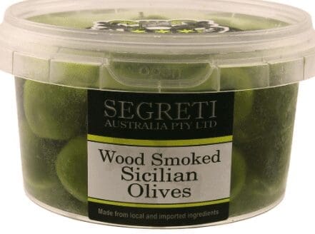 Clear plastic container of wood smoked Sicilian olives by Segreti Australia Pty Ltd.