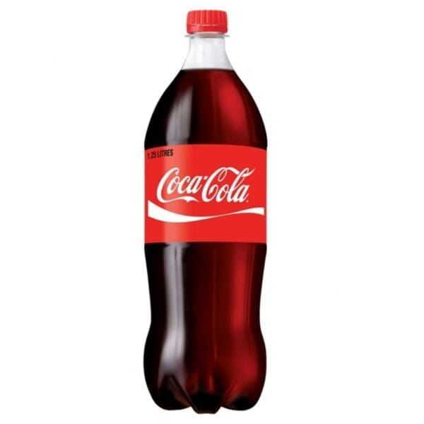 1.25-liter Coca-Cola bottle with red label, white text, and brand logo.