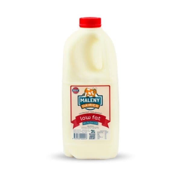 2-liter plastic bottle of low-fat milk with logo, branding, nutritional info, red cap.