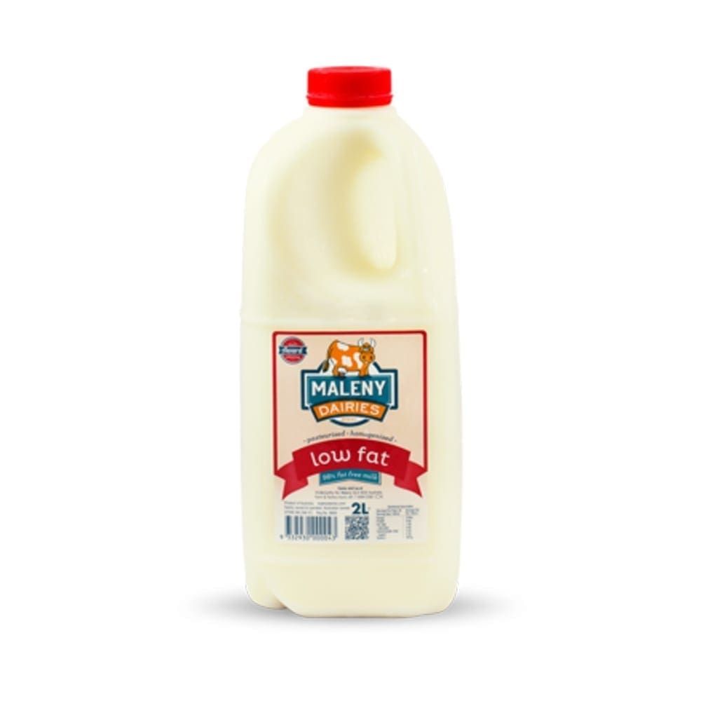 2-liter plastic bottle of low-fat milk with logo, branding, nutritional info, red cap.