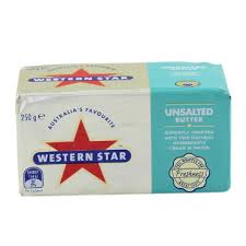 250g package of Western Star Unsalted Butter with red star and branding.