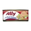 Can of 210g Ally wild pink salmon, high in omega, shown served on a cracker with lettuce.