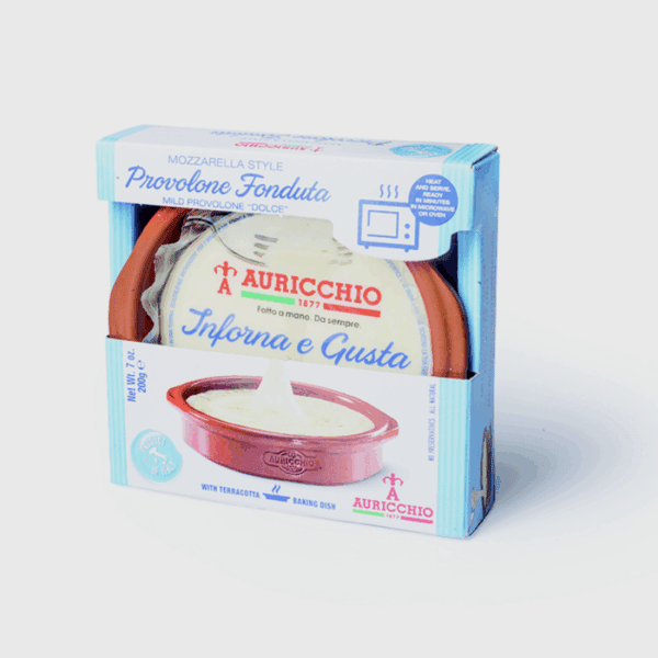 Auricchio Provolone Fonduta cheese in terracotta dish, microwave or oven ready, 200g, Italian origin.