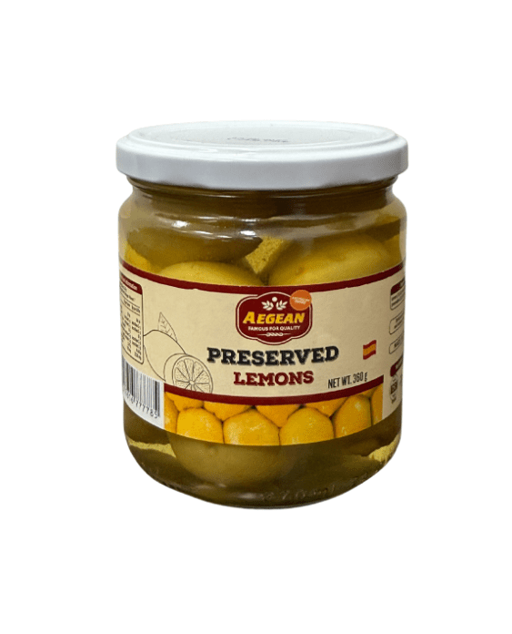 Jar of Aegean preserved lemons in liquid, white lid, 360g.