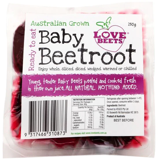 Love Beets baby beets, Australian grown, 250g, ready-to-eat, no added ingredients.
