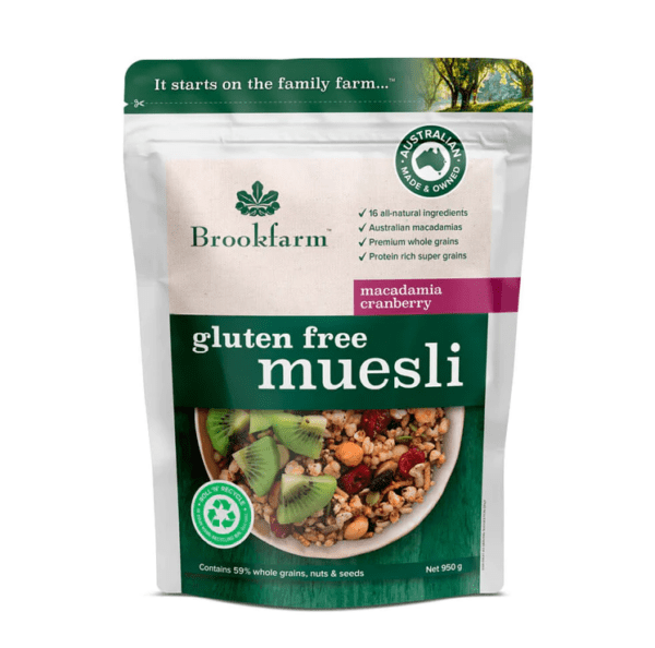 BROOKFARM MUESLI MACADAMIA CRANBERRIES GLUTEN FREE