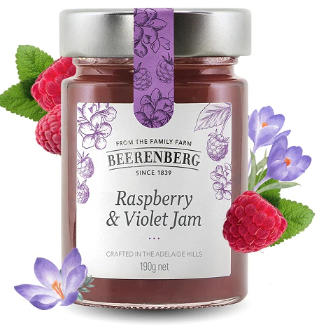 Jar of Beerenberg Raspberry & Violet Jam, 190g, with raspberry and violet illustrations.
