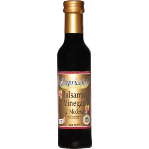 250 ml Capriccio Balsamic Vinegar of Modena bottle, dark glass with golden cap and label.