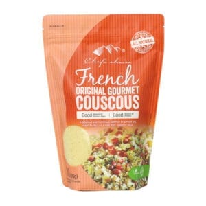 Package of French Original Gourmet Couscous, orange with nutritional info and see-through window.