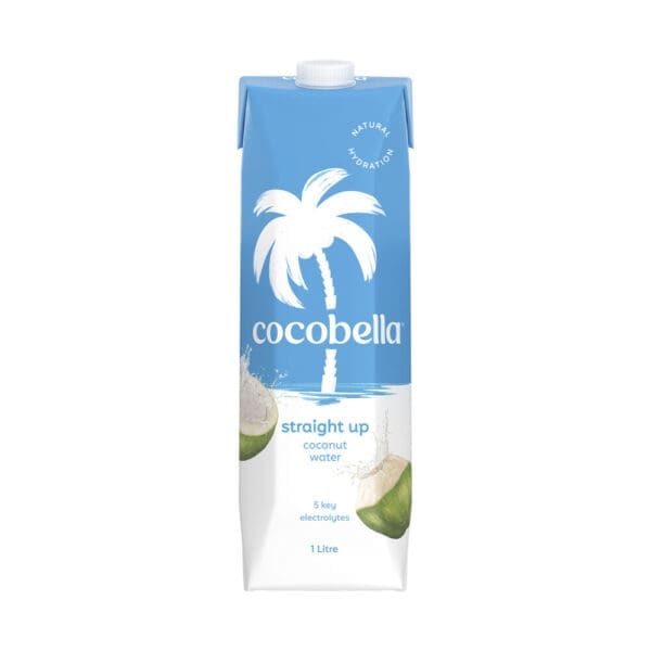 1-liter carton of Cocobella coconut water, blue-white design, palm tree illustration.