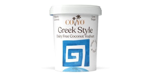 COYO Greek style organic coconut yoghurt, 900g, blue geometric design, dairy-free.