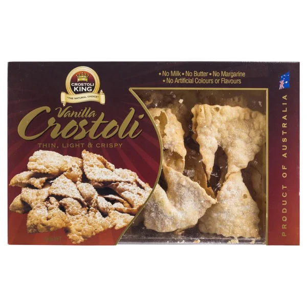 Vanilla-flavored crostoli by Crostoli King; light, crispy, no milk or artificial ingredients.