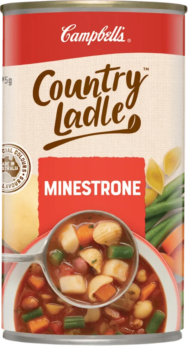 Campbell's Country Ladle Minestrone soup can, no artificial colors or flavors, made in Australia.