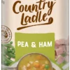 Campbell's Pea & Ham soup can with ingredients, made in Australia label visible.