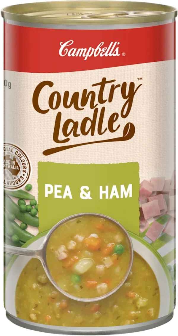 Campbell's Pea & Ham soup can with ingredients, made in Australia label visible.