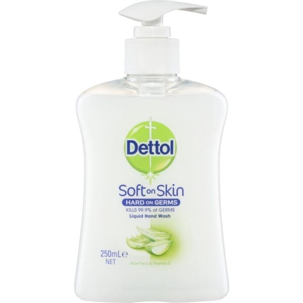 250 mL Dettol hand wash, pump dispenser, aloe vera, vitamin E, kills 99.9% germs.