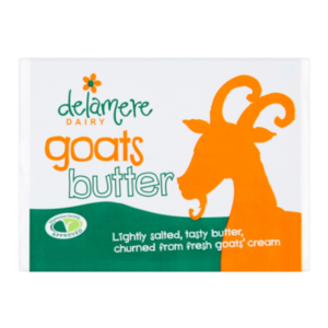 Delamere Dairy goat's butter packaging with orange goat silhouette, lightly salted, vegetarian.