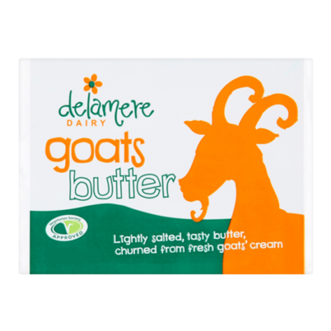 Delamere Dairy goat's butter packaging with orange goat silhouette, lightly salted, vegetarian.