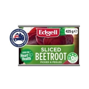 Edgell sliced beetroot can, 425g, with health rating 4/5 and beetroot slices on label.