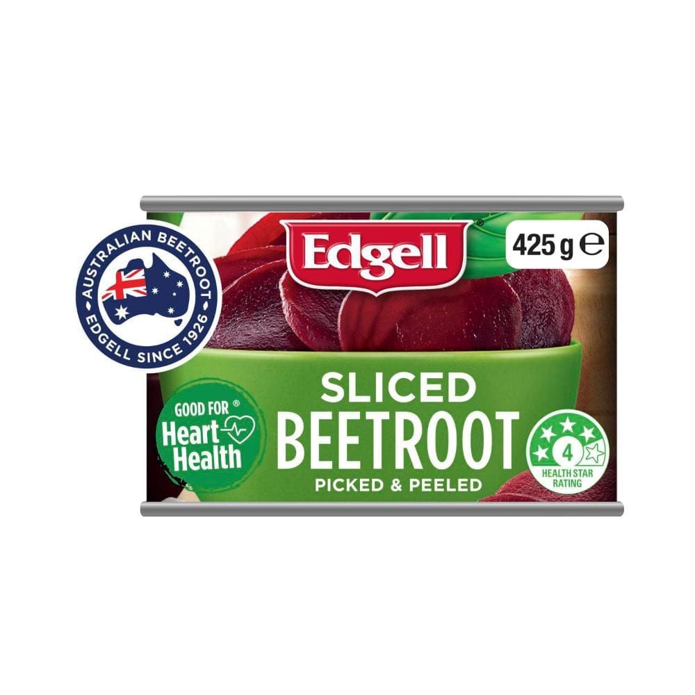 Edgell sliced beetroot can, 425g, with health rating 4/5 and beetroot slices on label.