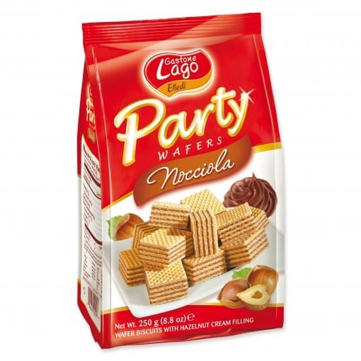 Red and white package of Gastone Lago Elledi Party Wafers, hazelnut flavor, 8.8oz (250g)