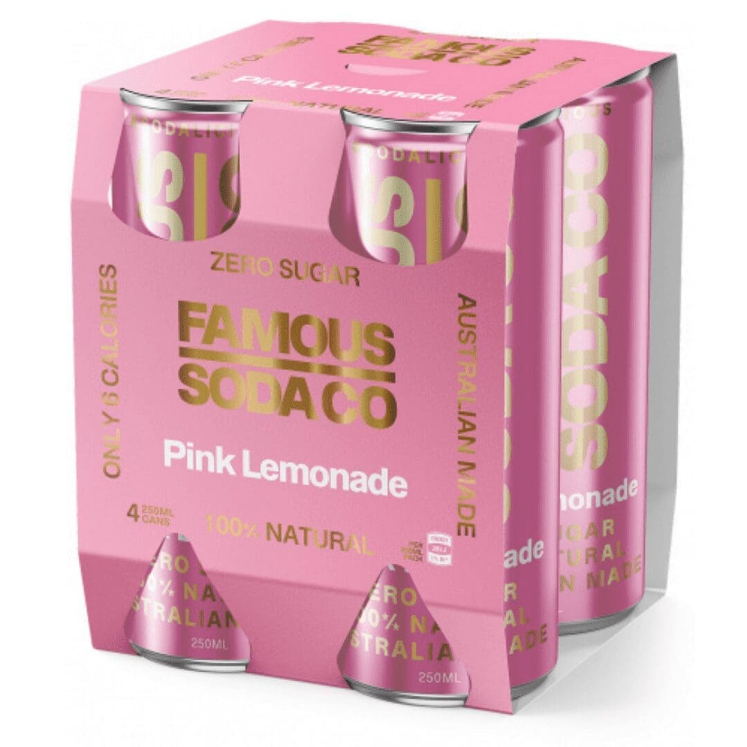 Four-pack of 250ml Famous Soda Co Pink Lemonade cans; zero sugar, 100% natural, 6 calories.