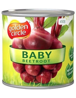 Golden Circle 450g can of baby beetroot, no added color, rich in vegetables.