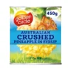 Can of Golden Circle 450g Australian crushed pineapple in syrup with colorful design.