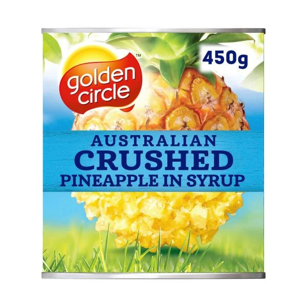 Can of Golden Circle 450g Australian crushed pineapple in syrup with colorful design.
