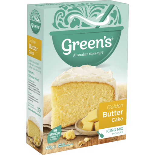 Box of Green's Golden Butter Cake mix, green/yellow, 440g, includes icing mix, no artificial colors.