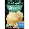 Box of Green's Vanilla Cupcake mix, 490g, with cupcakes image, no artificial colors or flavors.
