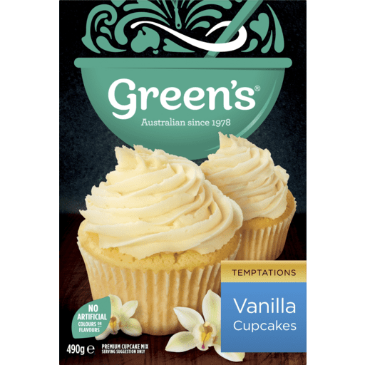 Box of Green's Vanilla Cupcake mix, 490g, with cupcakes image, no artificial colors or flavors.