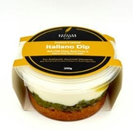 Packaged Italian dip with basil pesto, red pesto, basil cheese; 200g clear container, yellow label.