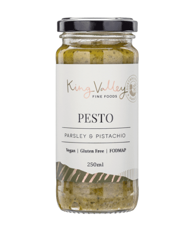 Jar of King Valley Fine Foods parsley and pistachio pesto, 250ml, vegan, gluten-free, FODMAP-friendly.