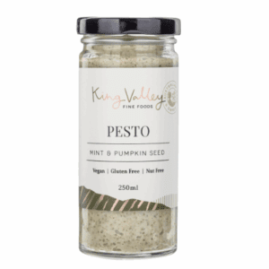 Glass jar of King Valley mint and pumpkin seed pesto, vegan, gluten-free, nut-free, 250ml.