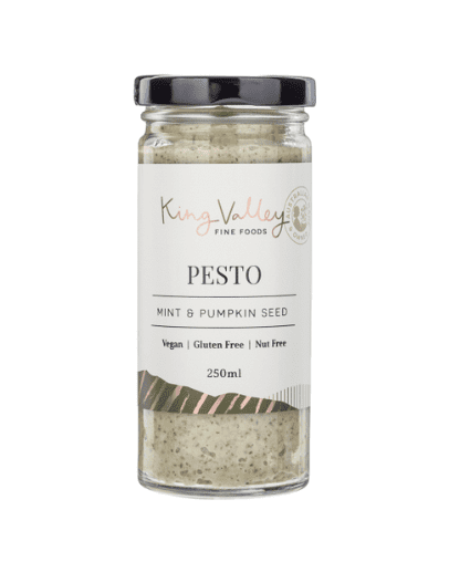 Glass jar of King Valley mint and pumpkin seed pesto, vegan, gluten-free, nut-free, 250ml.